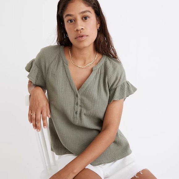 Madewell Lightspun Ruffle-Sleeve Henley Top - Picture 2 of 7